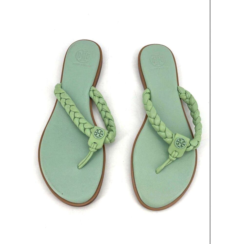 Tory Burch Braided Benton Mint Green Leather Thong Medallion Sandals 9M Like New